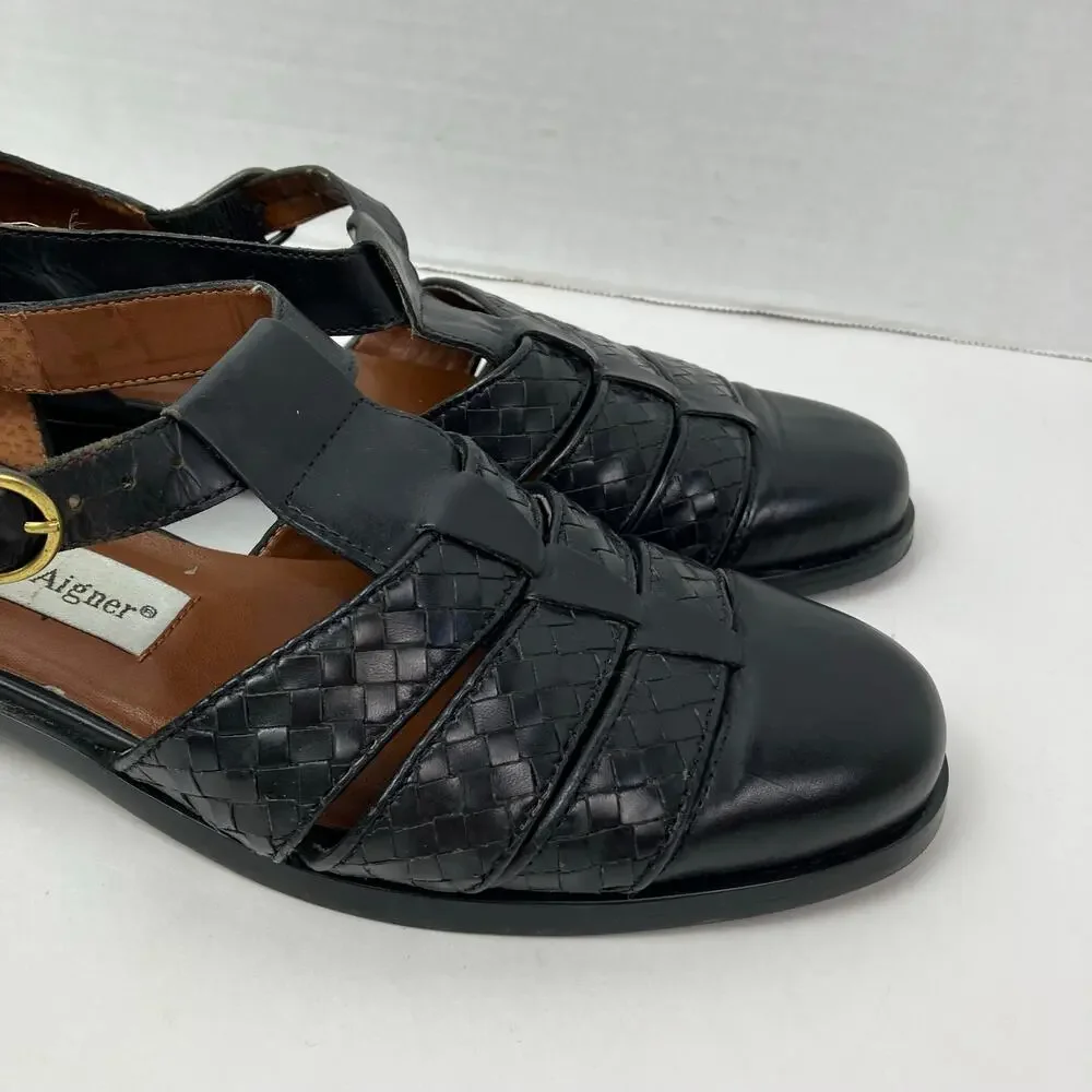 Etienne Aigner Sz 6.5 Vintage 90s T-strap Closed Toe Fisherman Sandals Black